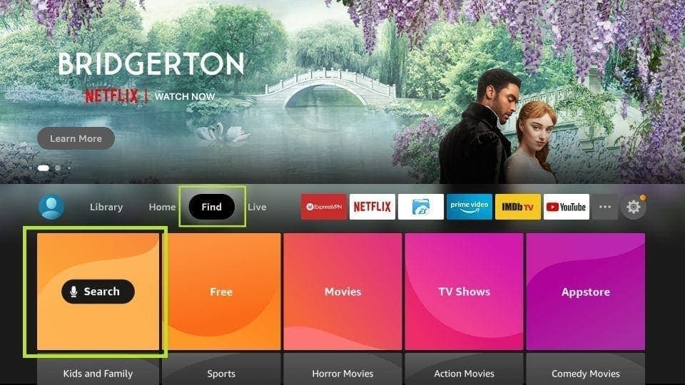Amazon Fire TV Stick: Open Find, then Search